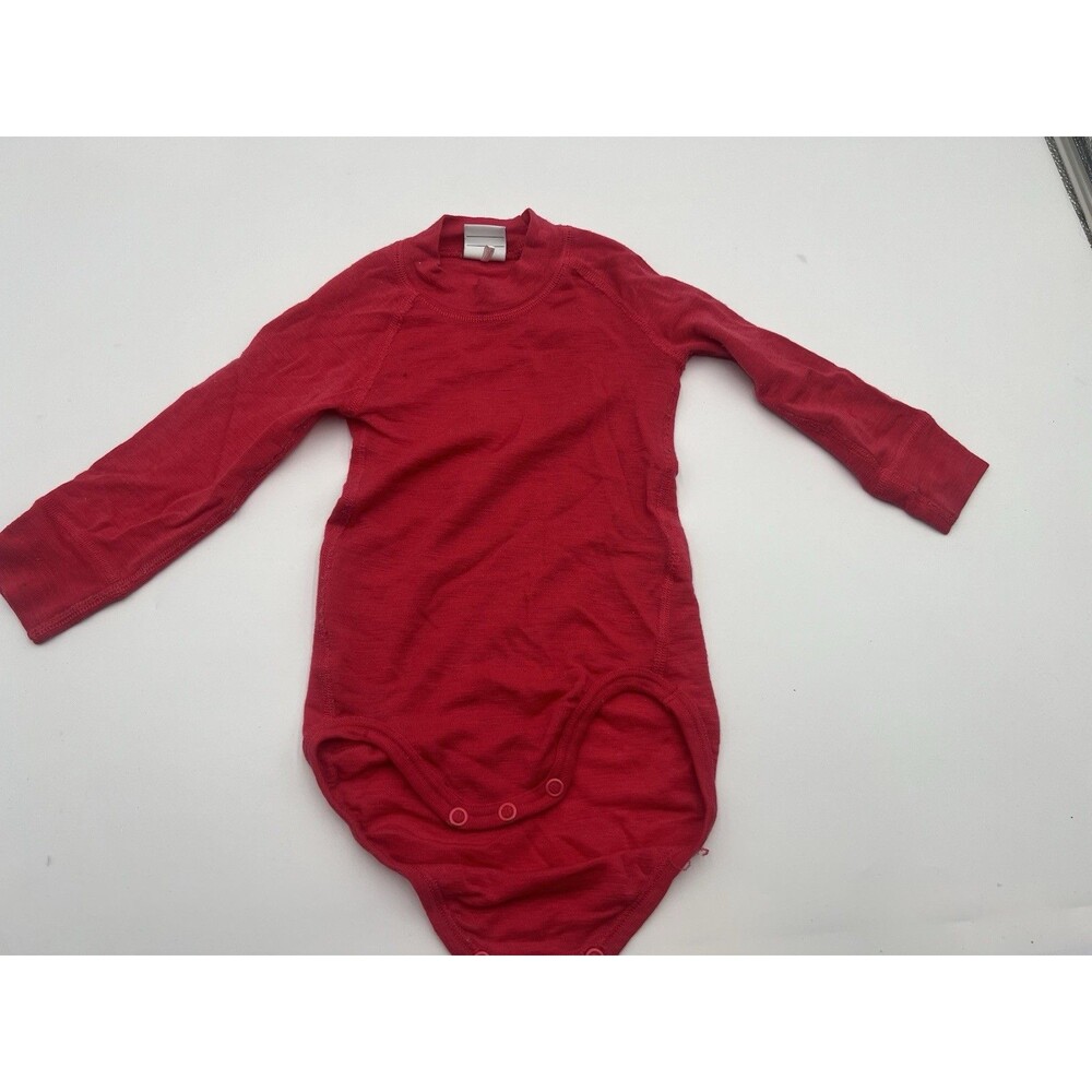 POLARN O. PYRET 100% Merino Wool Baselayer 6-12 M Long Sleeve Bodysuit Pink Red